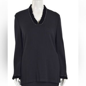 St. John‎ Evening Black Knit Top with Velvet and Beaded V-Neck Trim Vintage